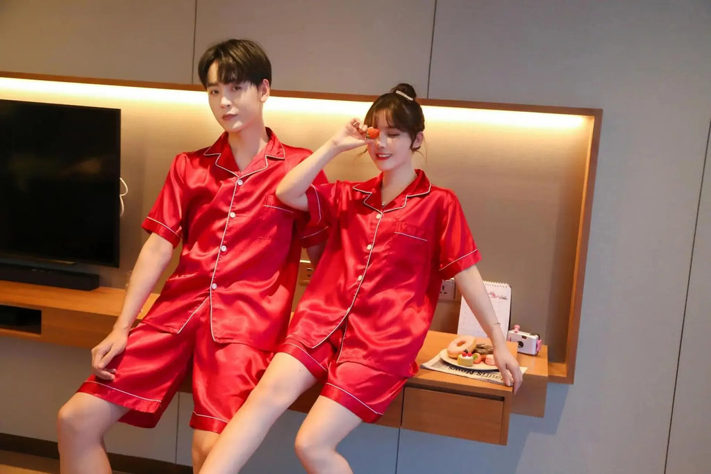 Solid Color Sleepwear Silk Satin Pajamas Couple Set Short-sleeved Pyjamas Suit Pijama Women Men Loungewear Plus Size Pj Set