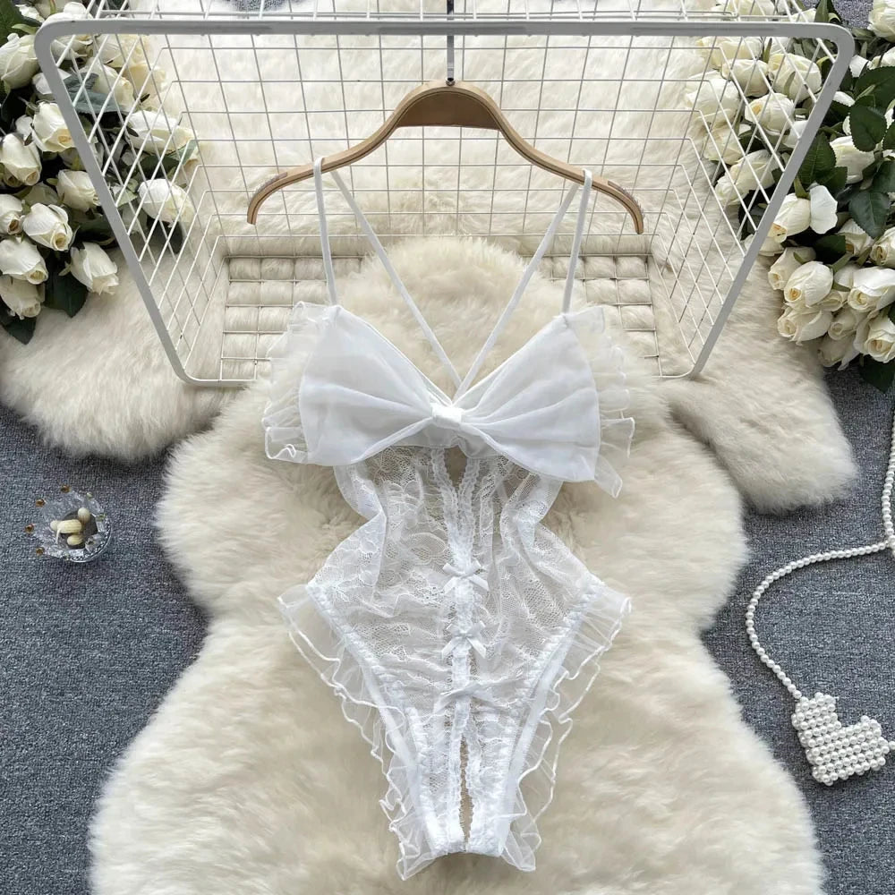 Female Sleevless Halter Playsuits Lace Sheer Open Crotch Lingerie Rompers Women Erotic Hollow Out Sexy Bodysuits Bow Jumpsuit