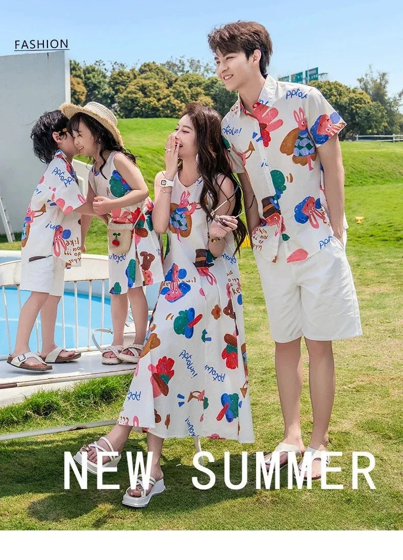 Couple Look Family Matching Outfits Parent-child Clothes Mother Daughter Sleeveless Dress Father Vacation Area Son Beach Shirts