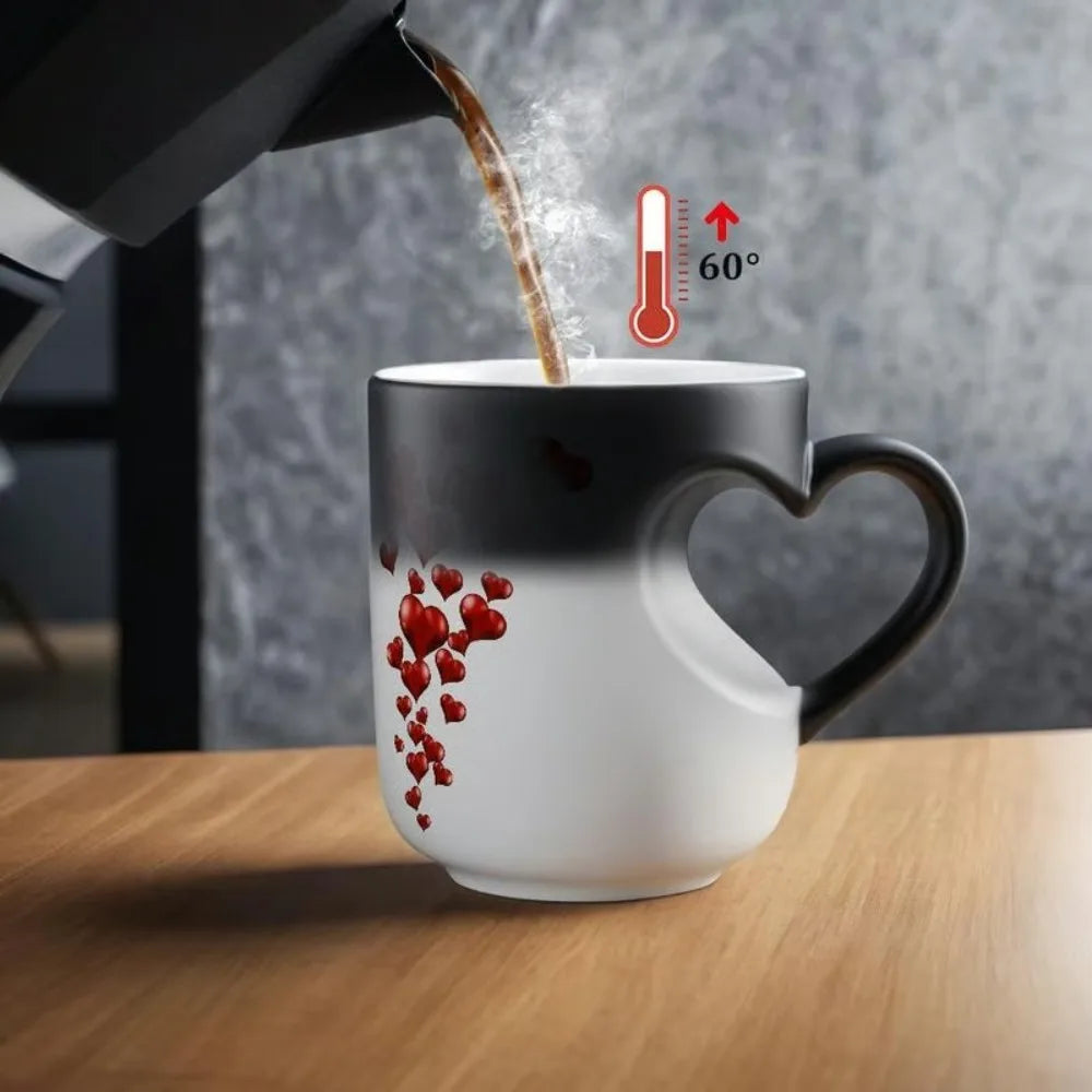 Creative Ceramic Color Changing Mug Heart-Shaped Thermochromic Reveal Coffee Mug 11oz Coffee Cup for Home&Office