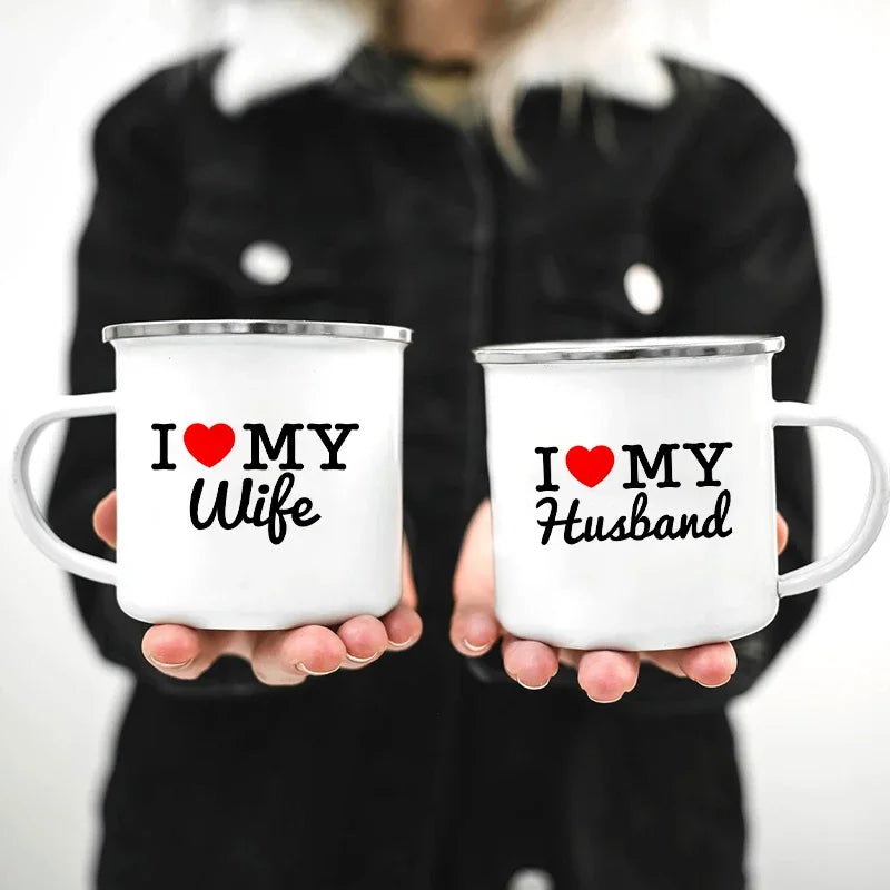 Mr and Mrs Mugs Cute Valentine's Day Gift His and Hers Lovers Camp Cup Husband and Wife Enamel Mug Gift for Couples