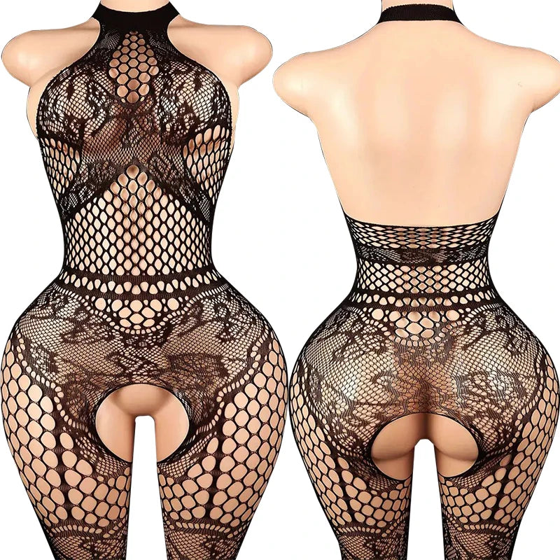 Red Erotic Wrap Hips Lingerie Women Fishnet Hollow Bra Set Sexy Open Back Teddy Body Suits Turtleneck Long Sleeve Underwear Sets
