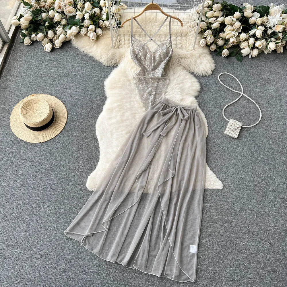 Female Sleevless Halter Playsuits Lace Sheer Open Crotch Lingerie Rompers Women Erotic Hollow Out Sexy Bodysuits Bow Jumpsuit