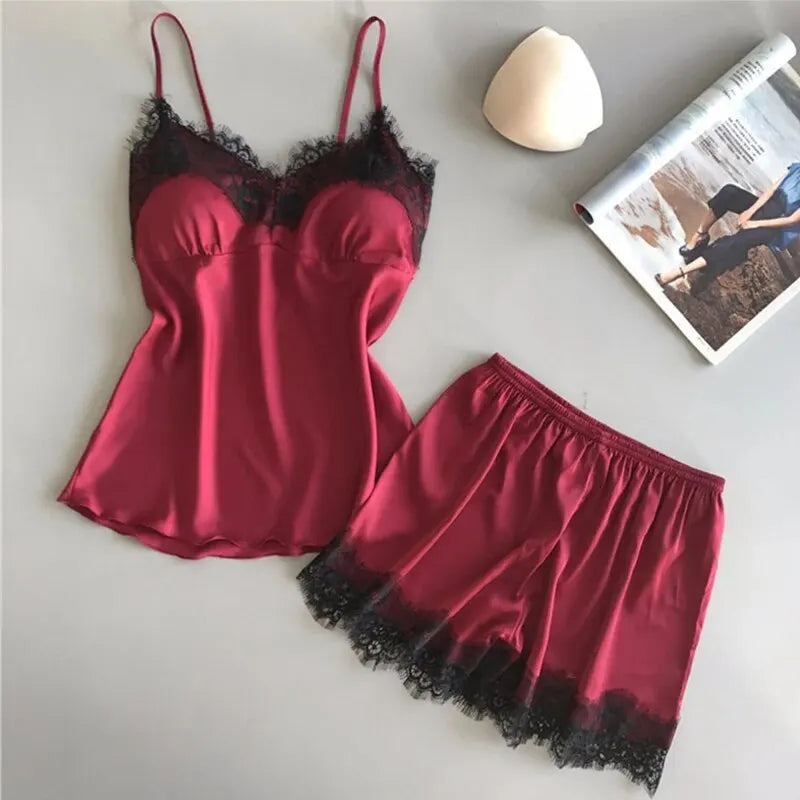 Women's Halter Pajamas 2 PCS Camisole And Shorts Home Wear Red Black Sexy Lace S M Ventilate Comfort