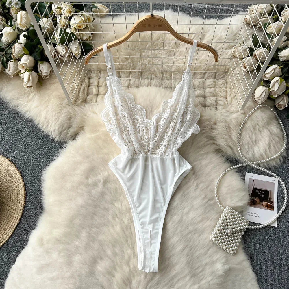 Female Sleevless Halter Playsuits Lace Sheer Open Crotch Lingerie Rompers Women Erotic Hollow Out Sexy Bodysuits Bow Jumpsuit
