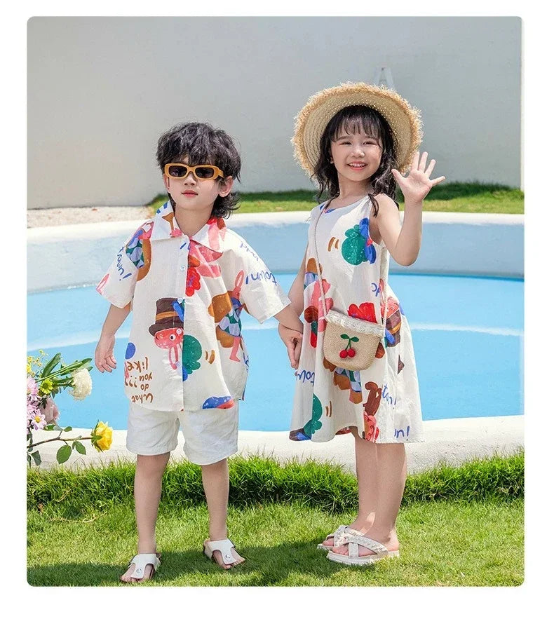 Couple Look Family Matching Outfits Parent-child Clothes Mother Daughter Sleeveless Dress Father Vacation Area Son Beach Shirts
