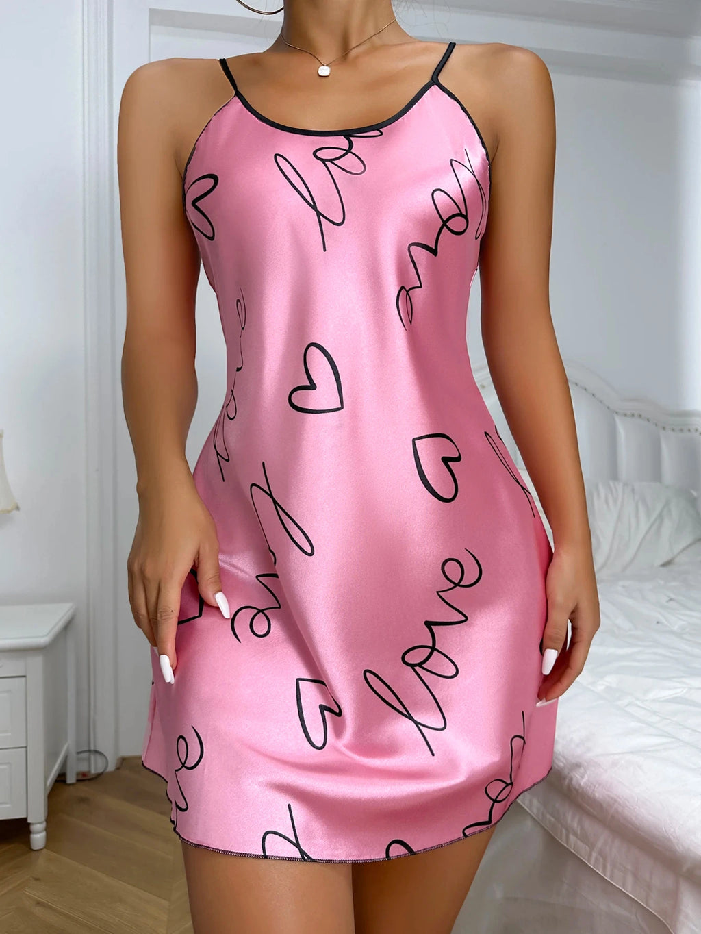 Heart Letter Print Nightdress Casual Round Neck Spaghetti Strap Sleep Dress Women's Sleepwear Dresses