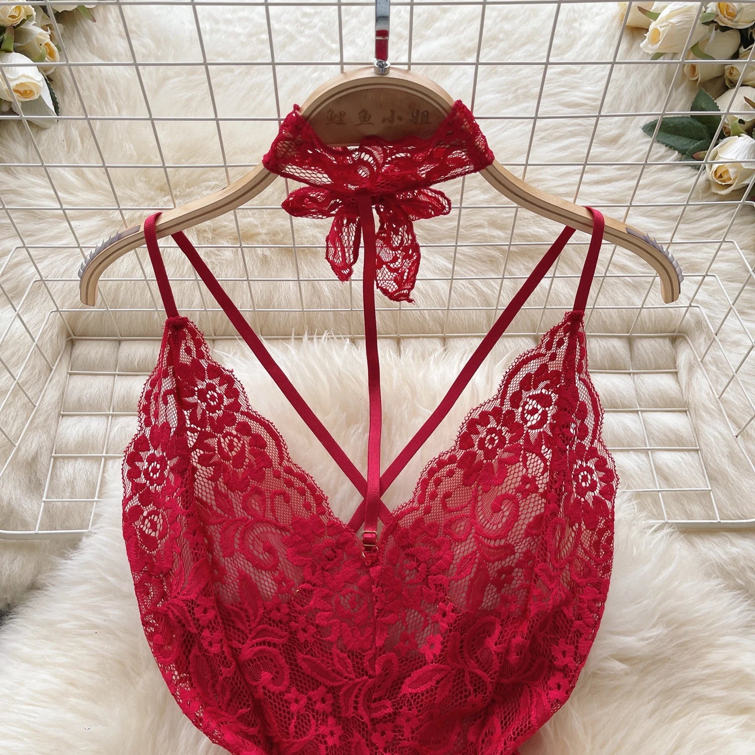 Sexy Lace Strap Jumpsuit Slim Fit Transparent Women's Pajamas Halter Playsuit Erotic Lingerie Catsuit Backless Hollowed Bodysuit