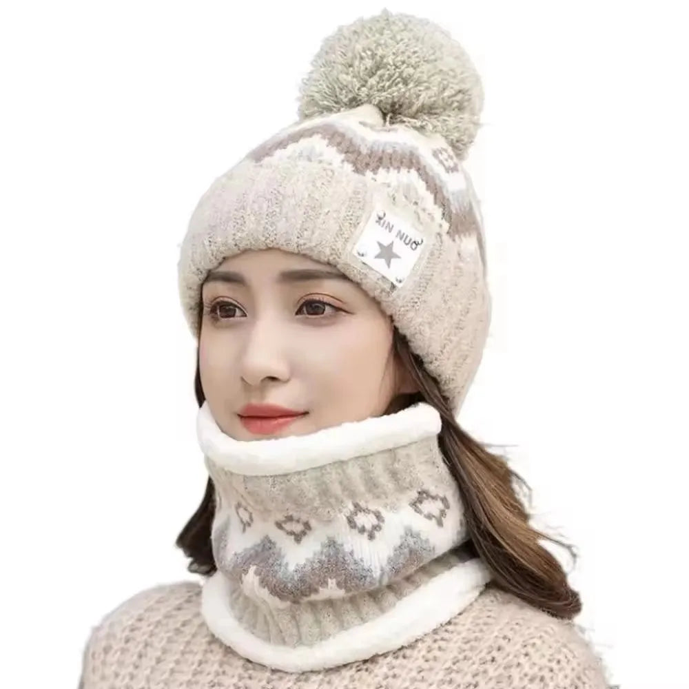 2PCS Winter Women Plush Velvet Hats Neck Warmer Hat Scarf Set Beanies Cycling Windproof Hat Outdoor Ear Protection