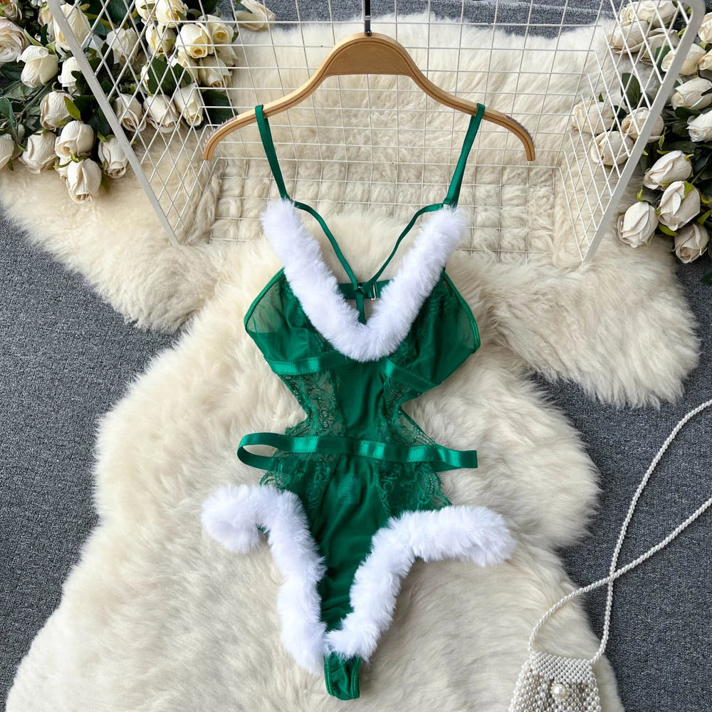 Red Christmas Cosplay Rabbit girl Jumpsuit Sexy Lingerie Belt Women New In Clothing Casual Backless Hollow Out Lace-up Bodysuit