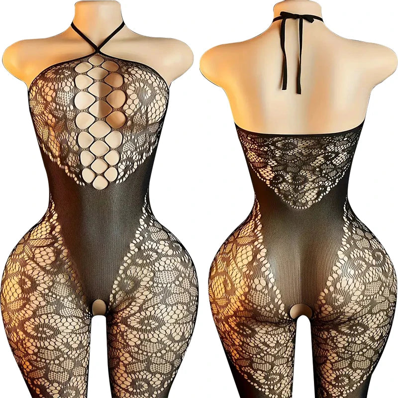 Sexy Crotchless Lingerie Fishnet Bodystocking – Floral Mesh Hollow Body Suit for Women