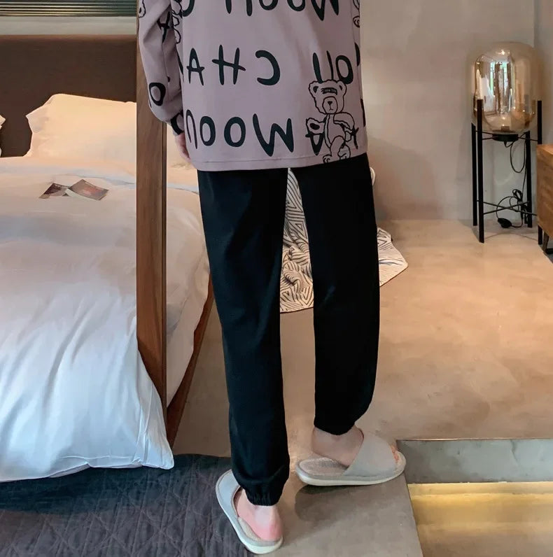 Two Piece Plus Size Men Pajamas Long Sleeve Loose Breathable Cartoon Bear Striped Letters Black Crew Neck Loungewear Set pj
