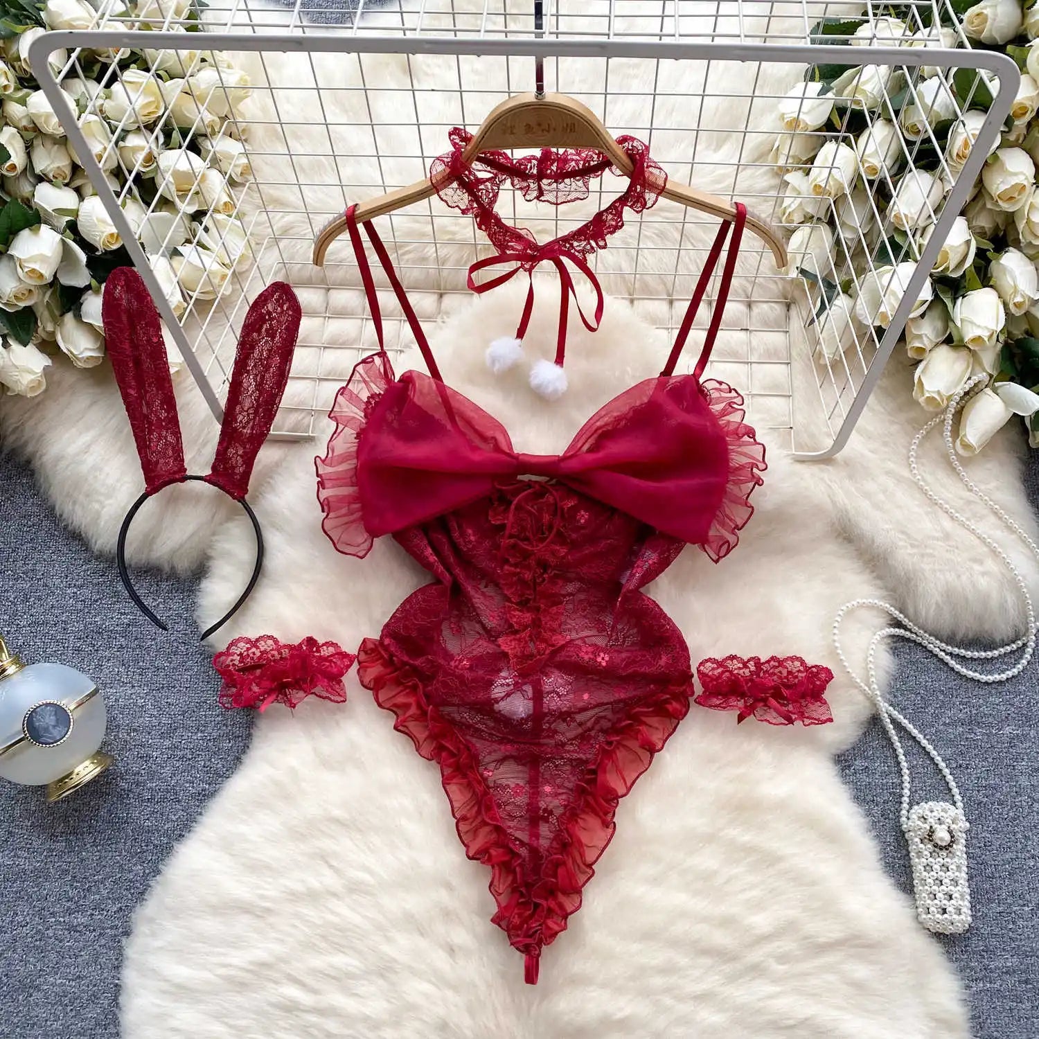 Japan Hotsweet Women's Sleepwear Set Strapless Cut Petal Sleeve Crop Top With Lace Up Pleat Mini Skirt Sexy Erotic Lingerie Set