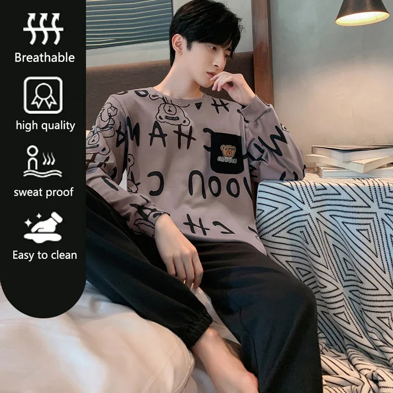 Two Piece Plus Size Men Pajamas Long Sleeve Loose Breathable Cartoon Bear Striped Letters Black Crew Neck Loungewear Set pj