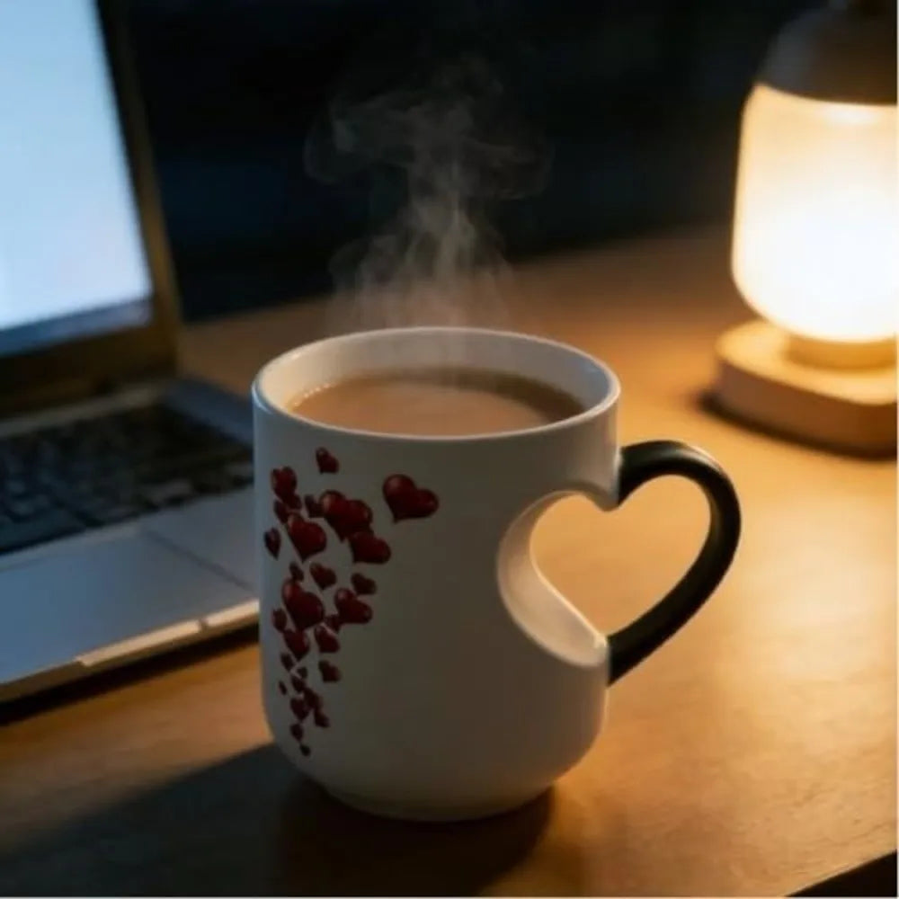 Creative Ceramic Color Changing Mug Heart-Shaped Thermochromic Reveal Coffee Mug 11oz Coffee Cup for Home&Office