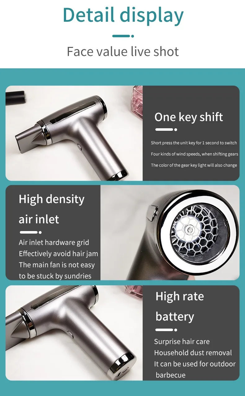 HOMEFISH 4 in 1 Wireless Hair Dryer Portable USB Rechargeable Negative Ions Blow Dryer Electric Air Duster Blower