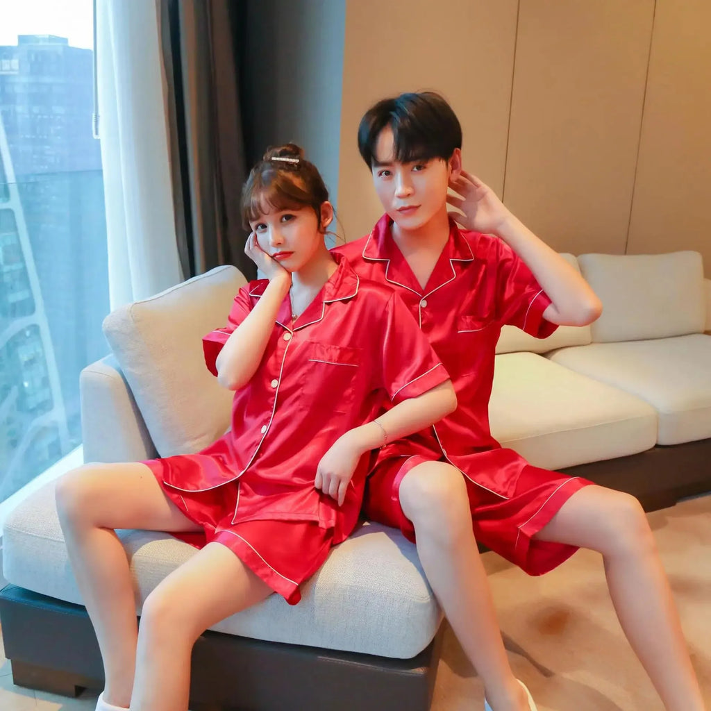 Solid Color Sleepwear Silk Satin Pajamas Couple Set Short-sleeved Pyjamas Suit Pijama Women Men Loungewear Plus Size Pj Set