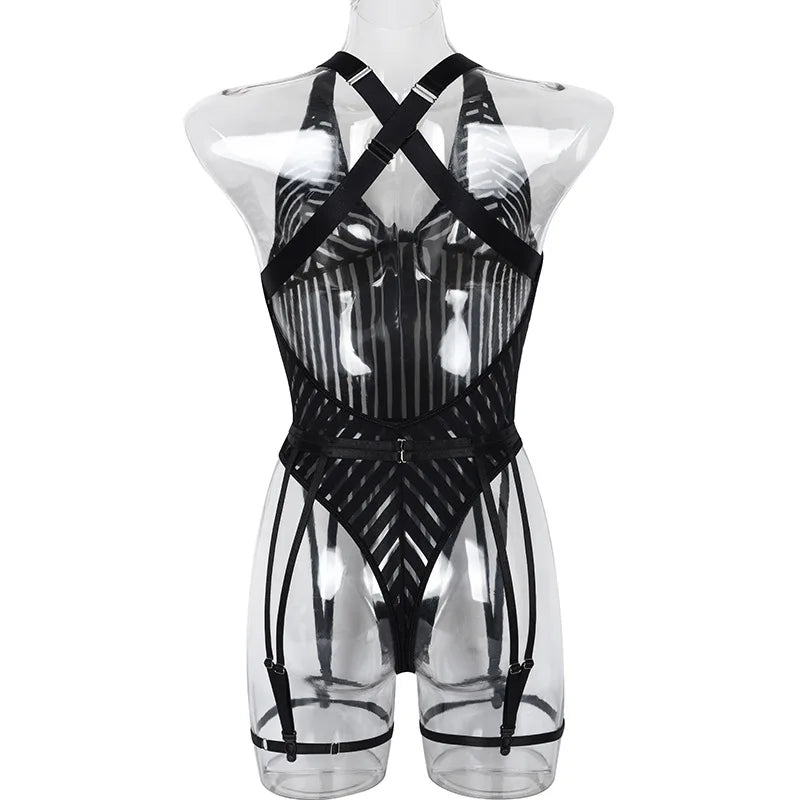 Striped Lace Patchwork Sexy Bodysuit for Women Bodycon Spaghetti Straps Backless Lingerie Body with Garters Nightclub Outfits
