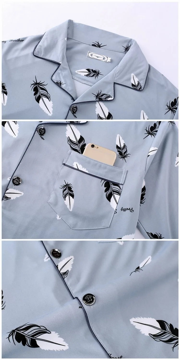 Casual Pure Cotton Men's Sleepwear Long Sleeve Long Pants Two-Piece Set Plaid Striped Simple Wearable Home Clothes
