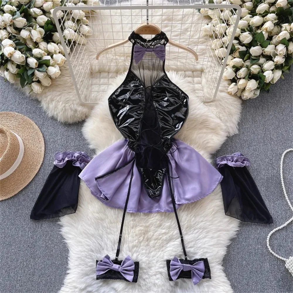 Japan Hotsweet Women's Sleepwear Set Strapless Cut Petal Sleeve Crop Top With Lace Up Pleat Mini Skirt Sexy Erotic Lingerie Set