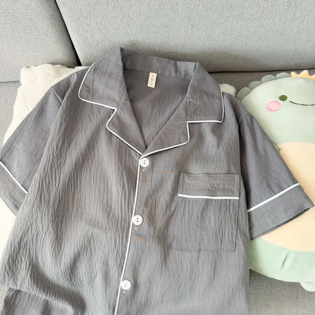 Youth Men's Slim Fit New Pajama Set Solid Color Short Sleeve Lapel Top and Elastic Shorts Pajamas Summer Loungewear Sleepwear