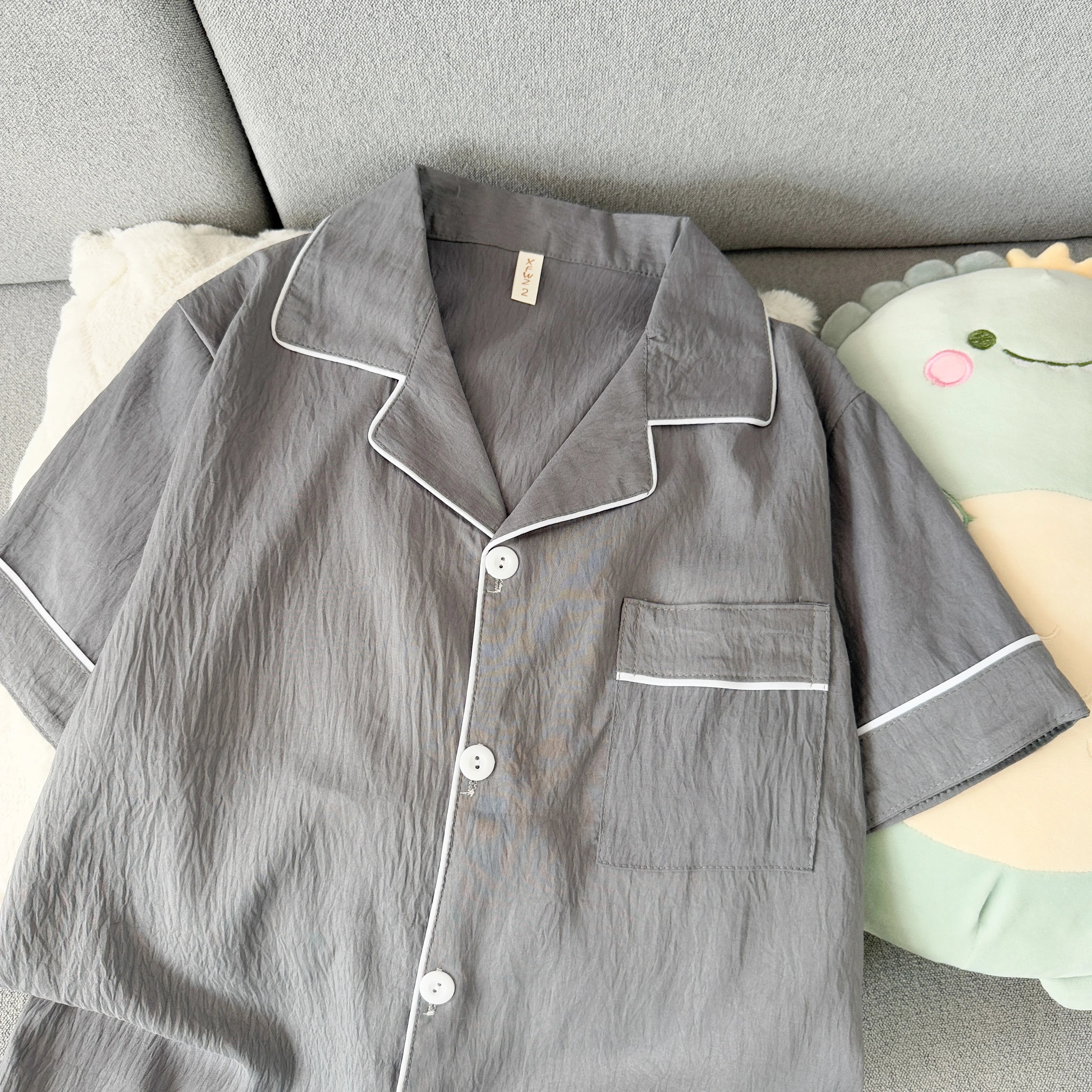 Youth Men's Slim Fit New Pajama Set Solid Color Short Sleeve Lapel Top and Elastic Shorts Pajamas Summer Loungewear Sleepwear