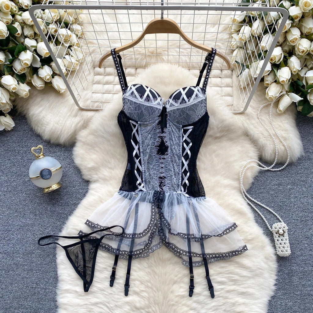 Female Sleevless Halter Playsuits Lace Sheer Open Crotch Lingerie Rompers Women Erotic Hollow Out Sexy Bodysuits Bow Jumpsuit