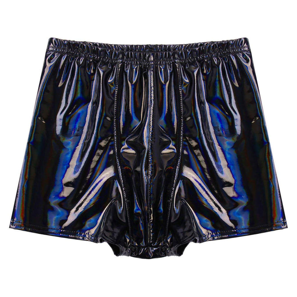 Mens Patent Leather Shorts Dance Performance Clubwear Wet Look Pants Elastic Waistband ShortsBulge Pouch Boxer Briefs Shorts
