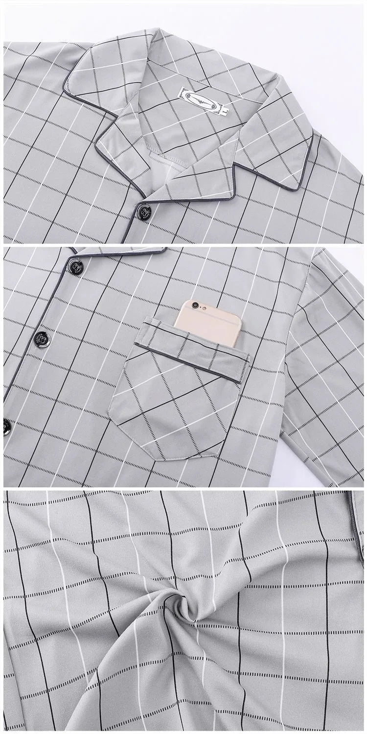Casual Pure Cotton Men's Sleepwear Long Sleeve Long Pants Two-Piece Set Plaid Striped Simple Wearable Home Clothes