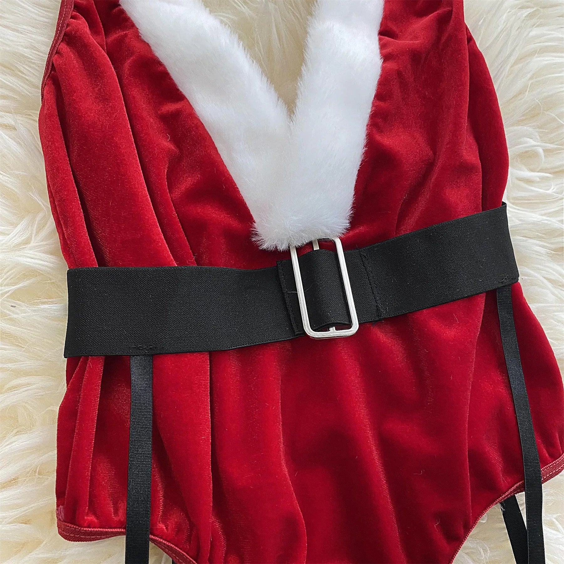 Ellolace Bunny Christmas Lingerie Bodysuit Velvet Red Erotic Costumes Hair Band Deep-V Sweet Girl Festival Set Woman 3 Pieces