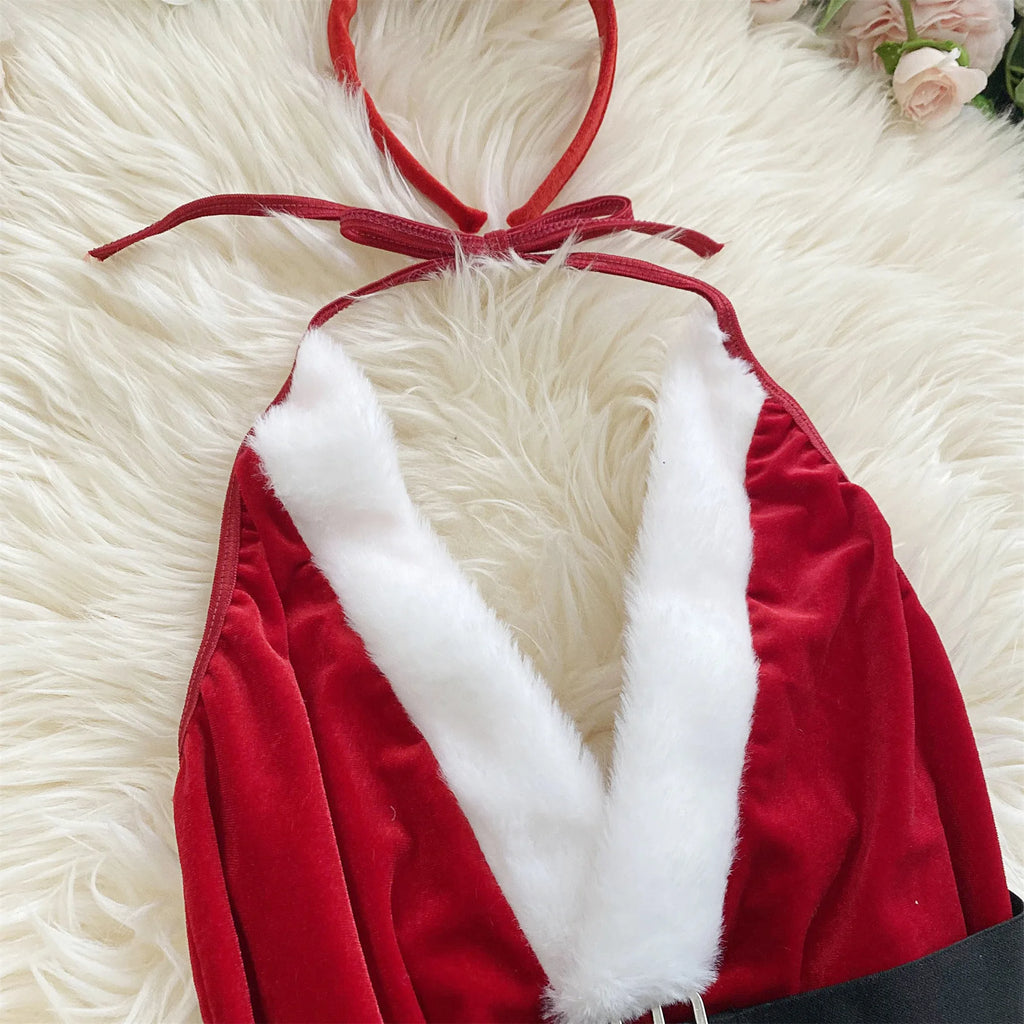 Ellolace Bunny Christmas Lingerie Bodysuit Velvet Red Erotic Costumes Hair Band Deep-V Sweet Girl Festival Set Woman 3 Pieces