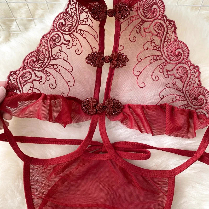 Female Sleevless Halter Playsuits Lace Sheer Open Crotch Lingerie Rompers Women Erotic Hollow Out Sexy Bodysuits Bow Jumpsuit