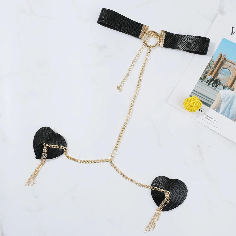 Sexy Metal Chain Linked Nipple Cover With Choker Nipple Pasties Reusable Women Bondage Choker Collar Body Chain Sex Games Toys
