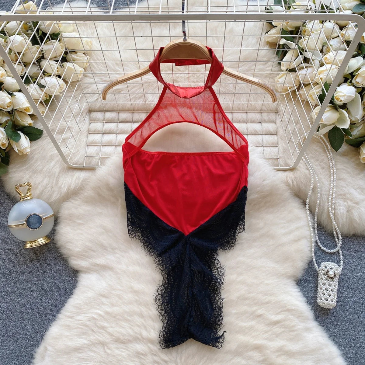 Sexy Lace Strap Jumpsuit Slim Fit Transparent Women's Pajamas Halter Playsuit Erotic Lingerie Catsuit Backless Hollowed Bodysuit