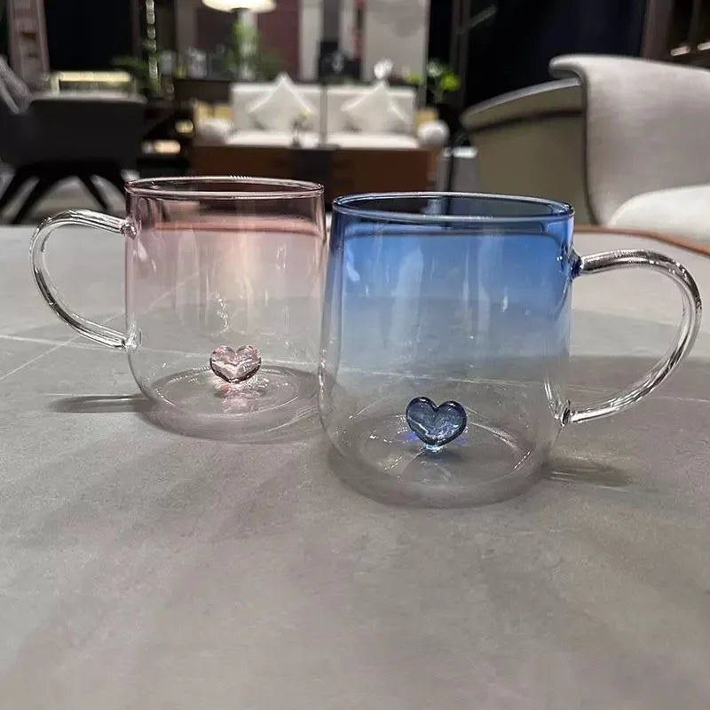 400mL 3D Love Gradient Transparent Glass Coffee Mug Milk Juice Couple Pair Cup Lady Office Afternoon Tea Party Drinkware