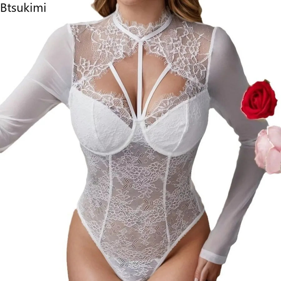 Sexy Lace Corset Shapewear Bodysuit Womens Long Sleesve Bodyshaper Slim O-Neck Jumpsuit Lingerie with Underwire Onesie Nightclub