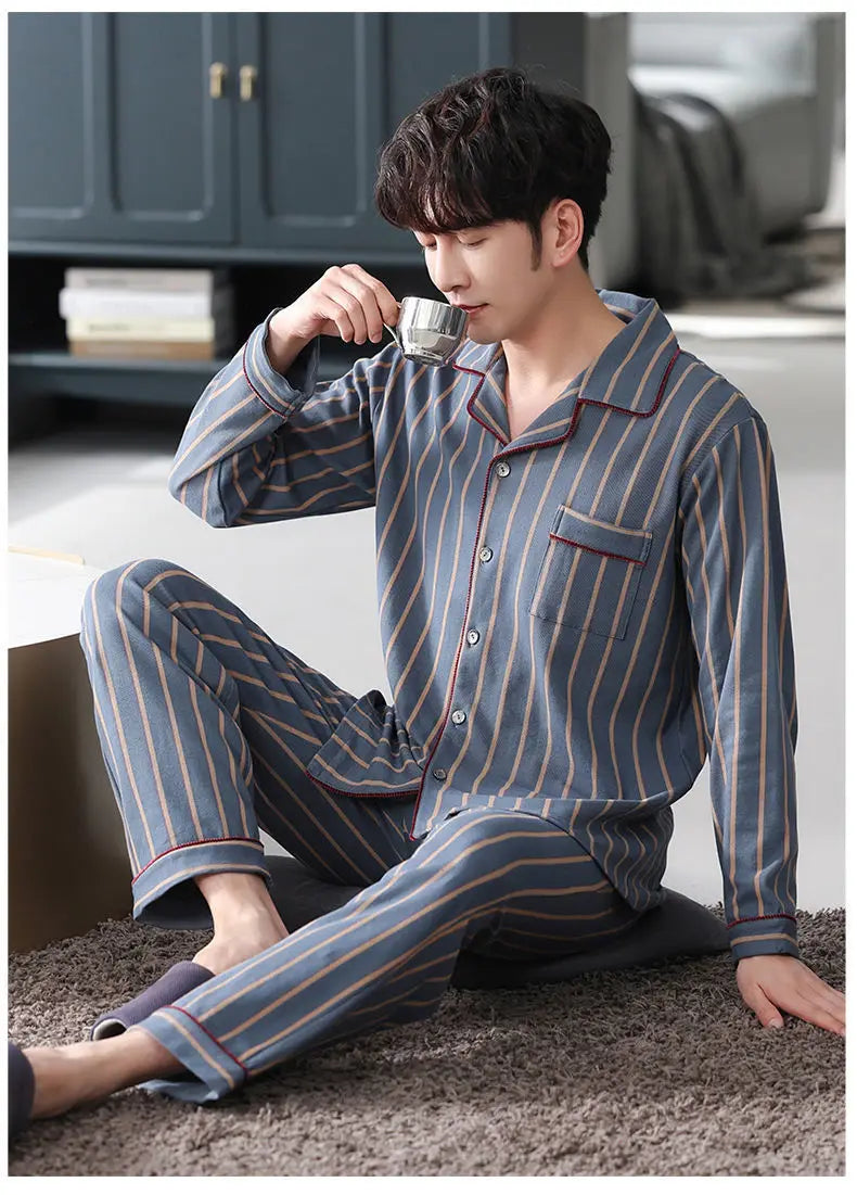 Spring Men's Fall and Winter Long-Sleeved Long Pants Middle-Aged Thin Section of Pajamas Sleepwear Homewear Suit Loungewear