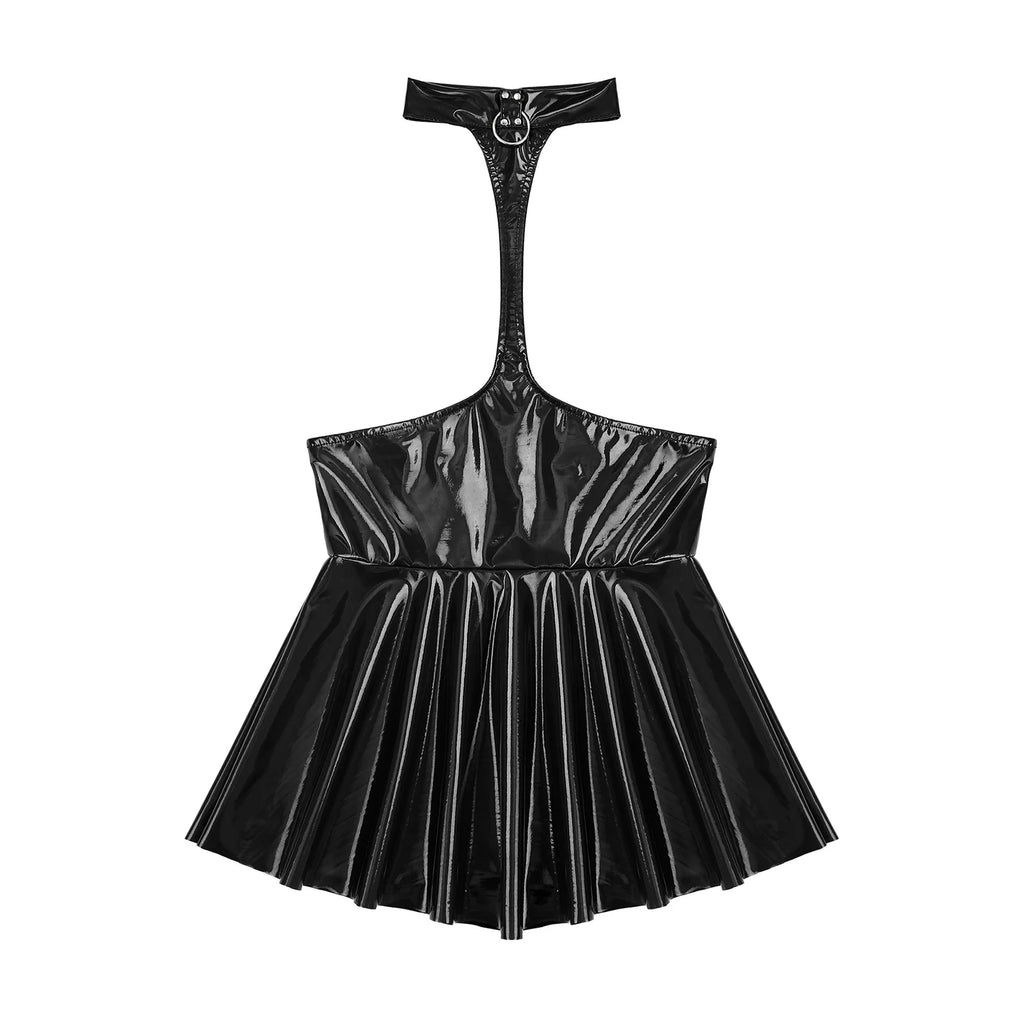 Women Mini Dress Female Sexy Lingerie Backless Open Chest Halter Ruffled Latex Skirt Pole Dance Party Nightclub Costume XXXXL