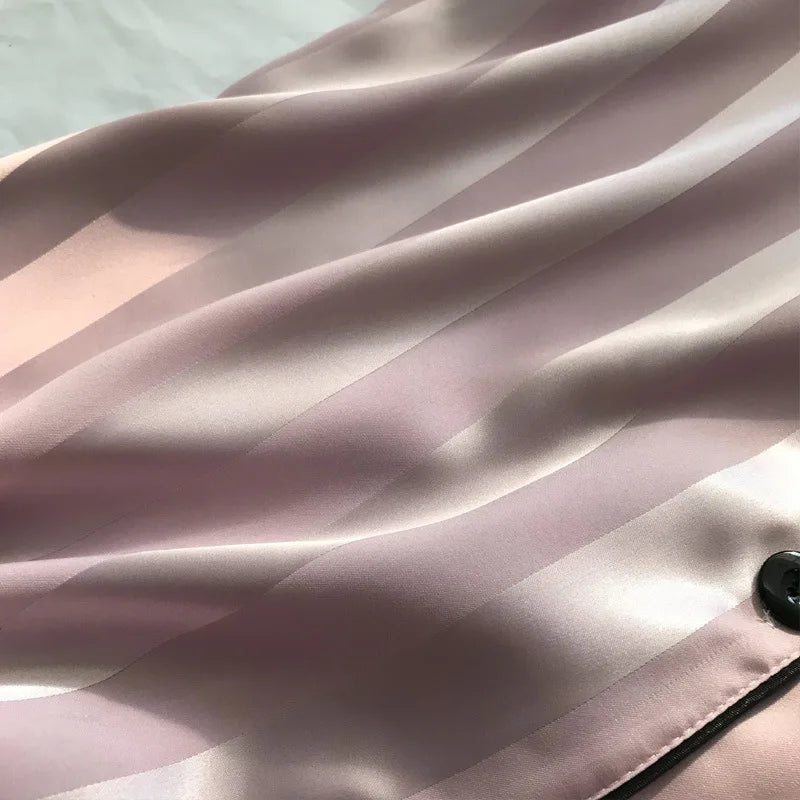 2Pcs/set Ice Silk Women's Pajamas Short Sleeve Short Pants Simulation Silk Home Clothing Solid Color Striped Student Pajamas S L