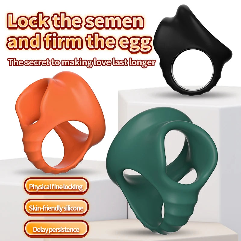 Reusable Silicone Penis Ring Delay Ejaculation Ball Scrotum Stretcher Triple Cockring Testicle Semen Lock BDSM Sex Toy for Men