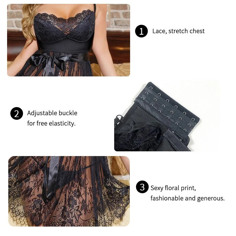 Women's Lace Babydoll Lingerie Set – Soft Chemise Nightgown with G-String | Elegant Spaghetti Strap Sleepwear