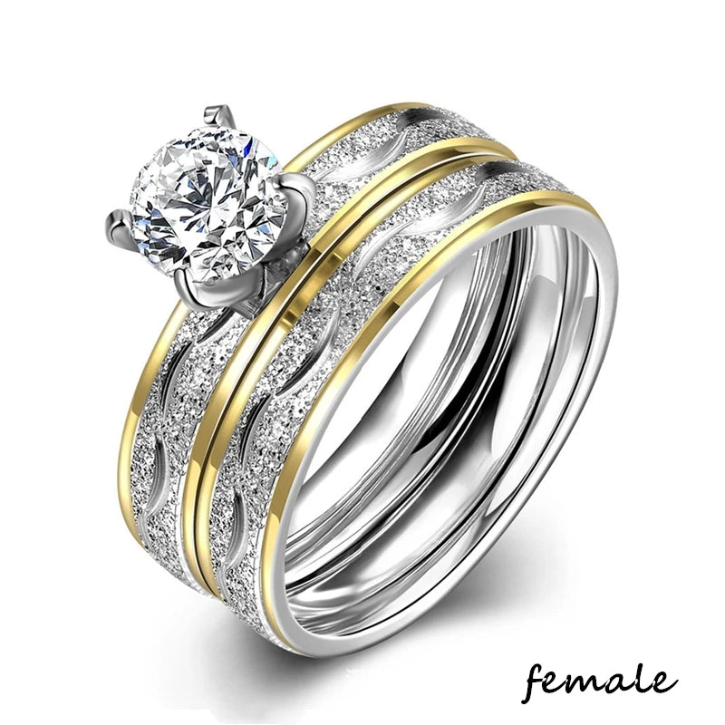 Couple Rings For Women White Rhinestones Zirconia Rings Set Simple CZ Stainless Steel Men Ring Wedding Jewelry For Lover Gifts
