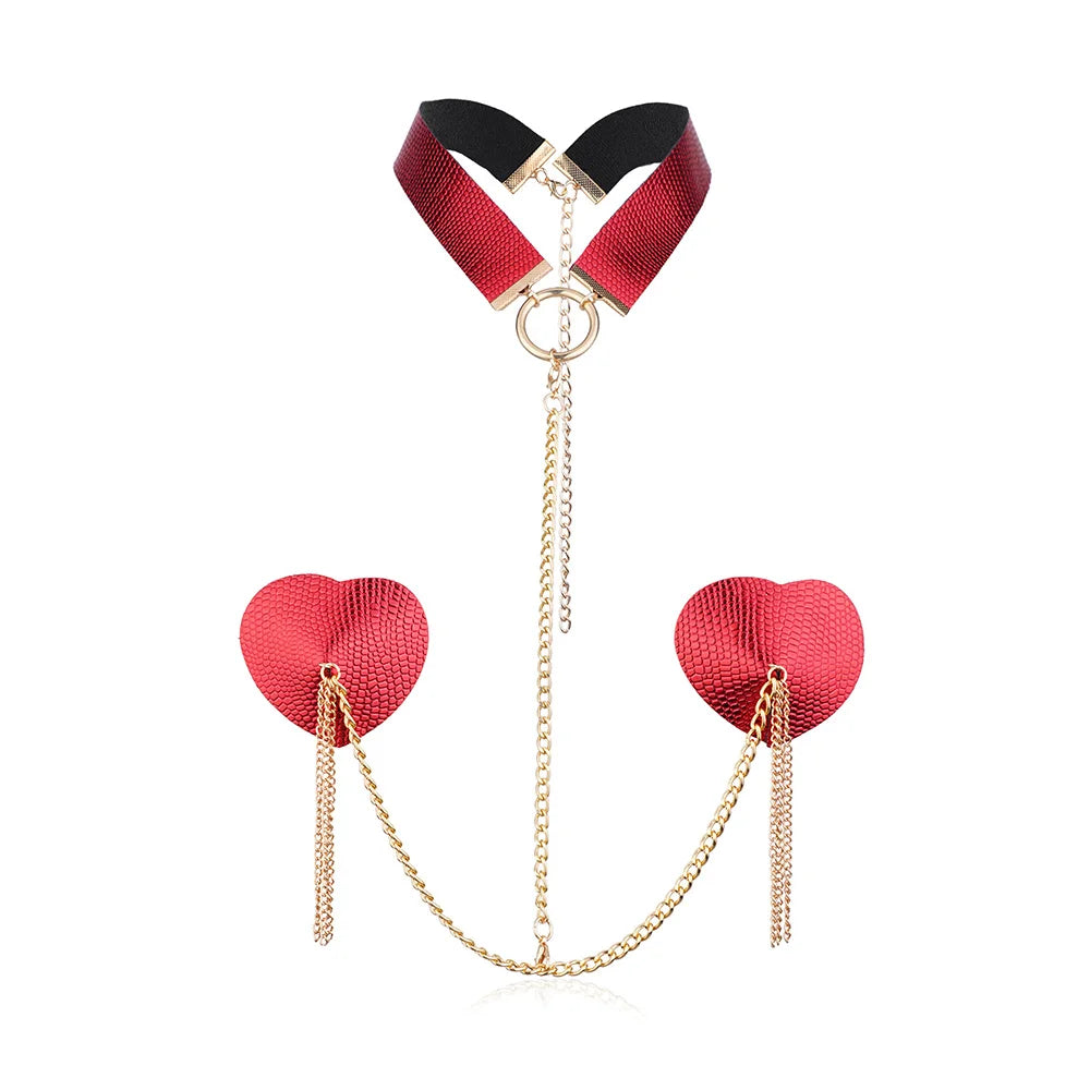 Sexy Metal Chain Linked Nipple Cover With Choker Nipple Pasties  Reusable Women Bondage Choker Collar Body Chain Sex Games Toys