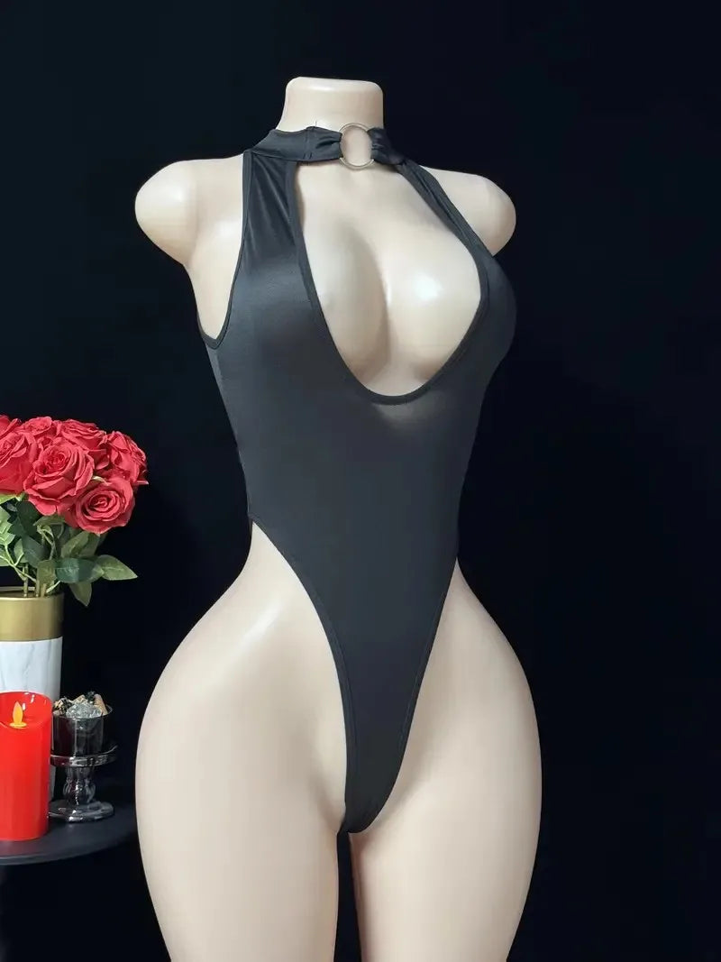 Erotic Open Bra Lingerie Women Sexy Costumes Deep V Hollow Bodysuit Hanging Neck Maid Dress Cosplay Uniform Crotchless Underwear