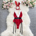 Ellolace Bunny Christmas Lingerie Bodysuit Velvet Red Erotic Costumes Hair Band Deep-V Sweet Girl Festival Set Woman 3 Pieces