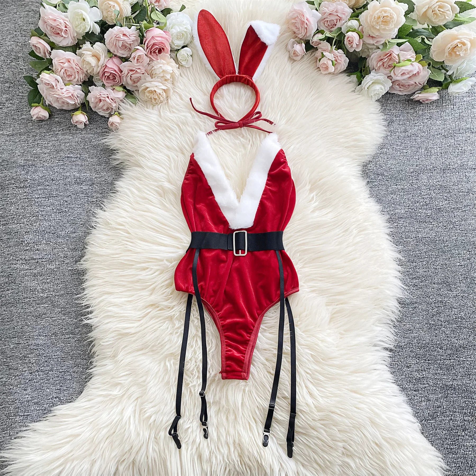 Ellolace Bunny Christmas Lingerie Bodysuit Velvet Red Erotic Costumes Hair Band Deep-V Sweet Girl Festival Set Woman 3 Pieces