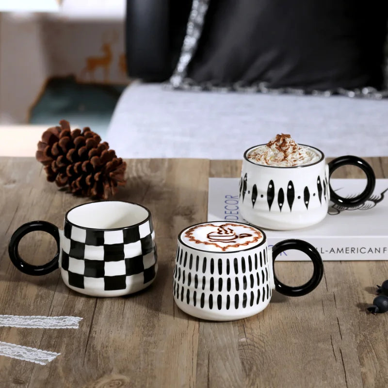 Creative Ceramic Coffee Mug Black White Couple Mug Home Chessboard Latte Latte Coffee Cup Simple Afternoon Tea Supplies New Gift