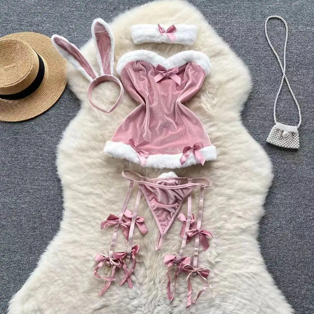 Red Christmas Cosplay Rabbit girl Jumpsuit Sexy Lingerie Belt Women New In Clothing Casual Backless Hollow Out Lace-up Bodysuit