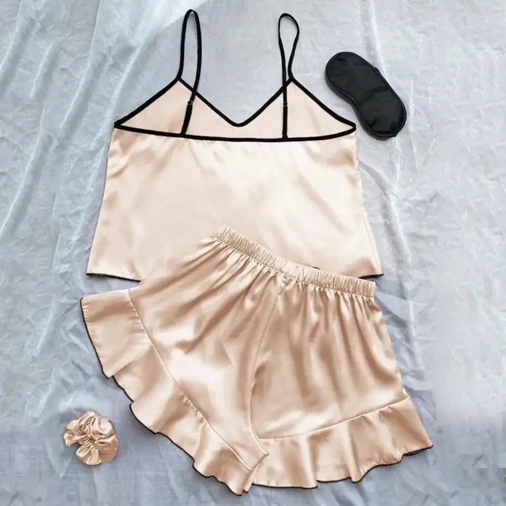 Women's Smooth Satin Pajamas V-Neck T-Shirt Ruffled Edges And Bow Shorts Simple And Breathable Pajama Set Sling Home Clothing
