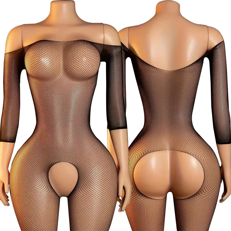 Red Erotic Wrap Hips Lingerie Women Fishnet Hollow Bra Set Sexy Open Back Teddy Body Suits Turtleneck Long Sleeve Underwear Sets